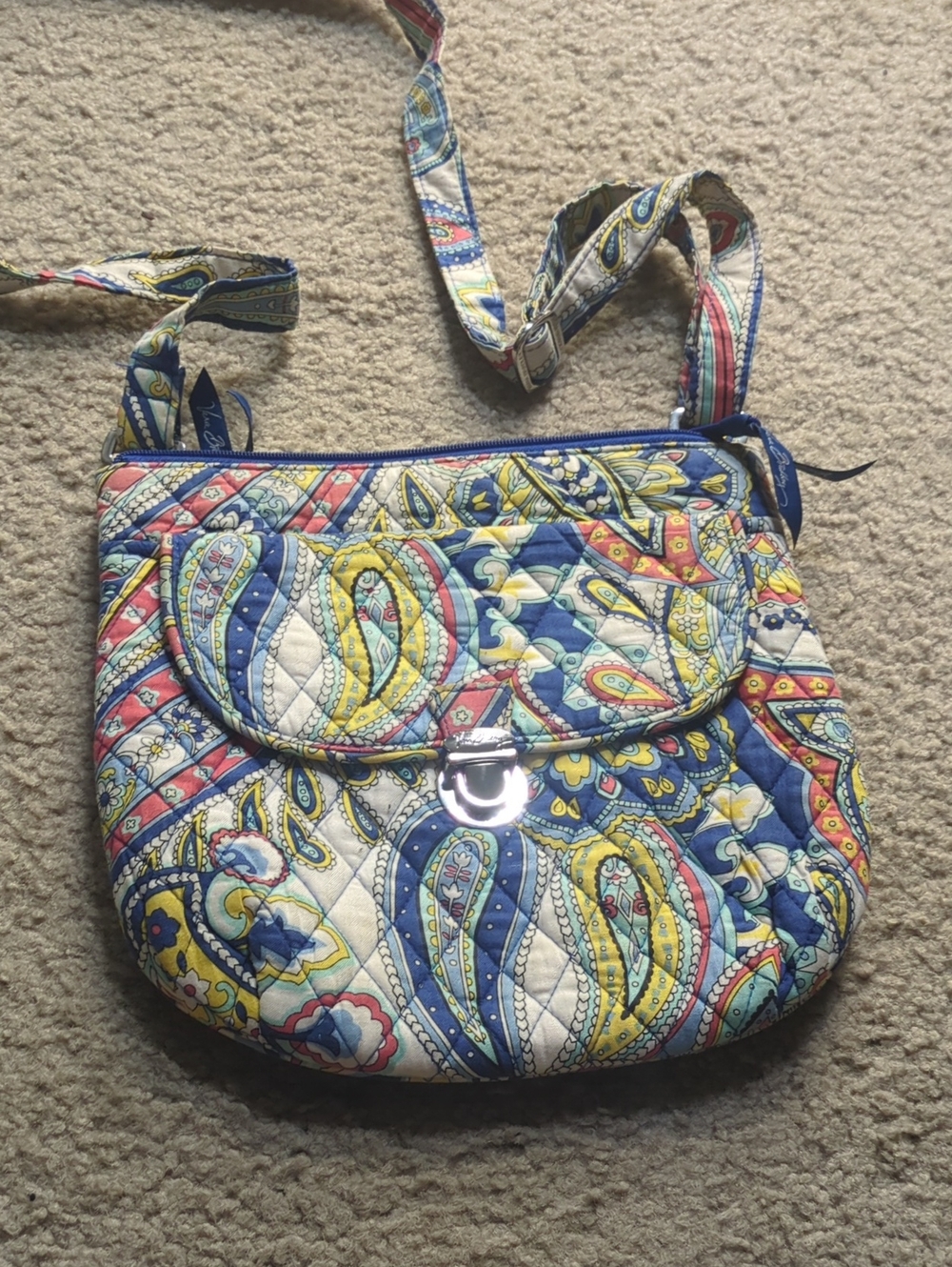 Vera Bradley Quilted Crossbody in Blue, Yellow, Pink and Cream Paisley